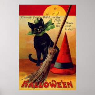 Schwarze Katz Besen Hexenhut Vollmond Poster