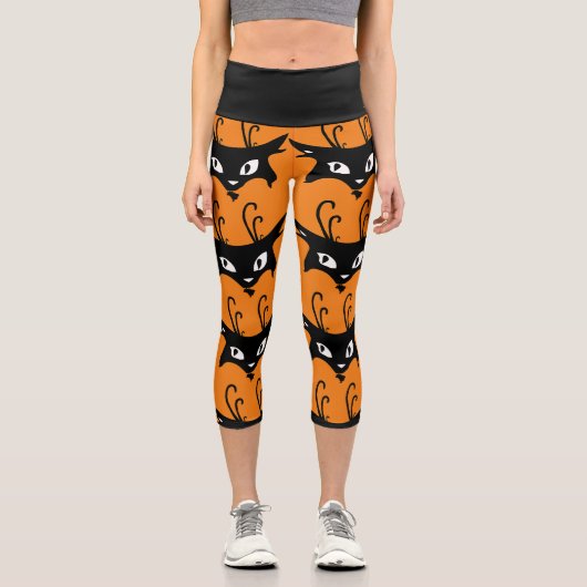 SCHWARZE KATZ-RETRO-DRUCKEN CAPRI YOGA PANS LEGGIN (Vorderseite)