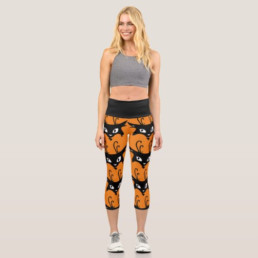 SCHWARZE KATZ-RETRO-DRUCKEN CAPRI YOGA PANS LEGGIN (Vorderseite)