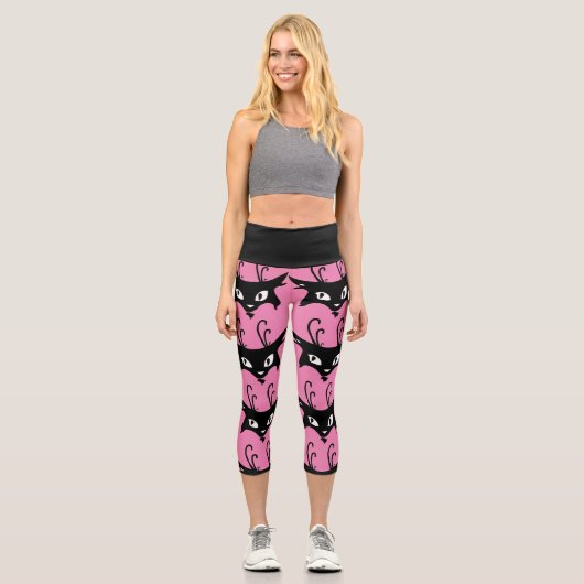 SCHWARZE KATZDRUCKPINK CAPRI YOGA PANS LEGGINGS (Vorderseite)