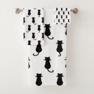 Schwarze Katze Abgeschieden auf weißem Polka-Dot- Badhandtuch Set