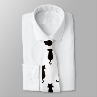 Schwarze Katze Abgeschieden auf weißem Polka Dot M Krawatte