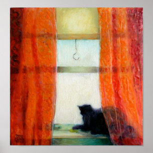 Schwarze Katze am Fenster Poster