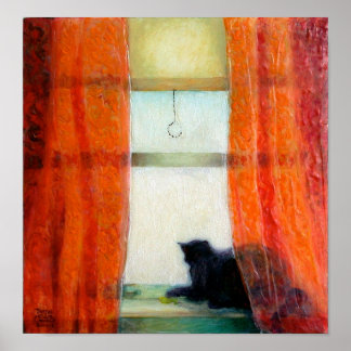 Schwarze Katze am Fenster Poster