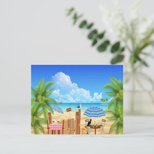 Schwarze Katze am Strand Postkarte (Stehend Vorderseite)