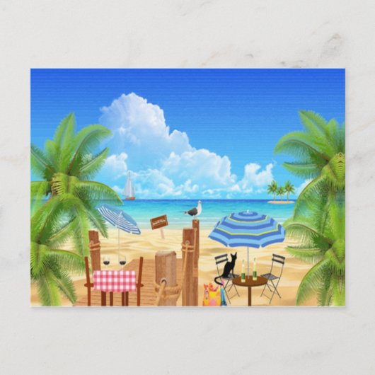 Schwarze Katze am Strand Postkarte (Vorderseite)