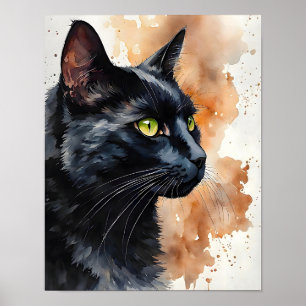 Schwarze Katze Aquarell Elegantes Katzen-Wandkunst Poster