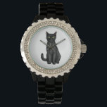 Schwarze Katze Armbanduhr<br><div class="desc">Handgemalte Schwarzkatze</div>