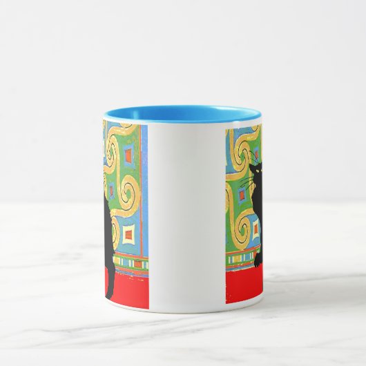 Schwarze Katze auf Abstraktem Wallpaper, Schwarze Tasse (Zentrum)