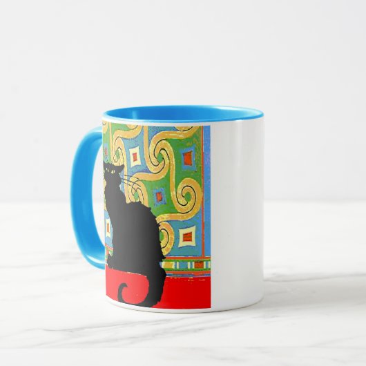 Schwarze Katze auf Abstraktem Wallpaper, Schwarze Tasse (Vorderseite Links)