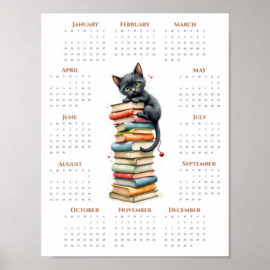 Schwarze Katze auf alten Büchern 2026 Ein-Seiten-K Poster (Vorne)