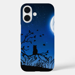 Schwarze Katze auf Baum-Silhouette im Mondlicht iPhone 16 Hülle