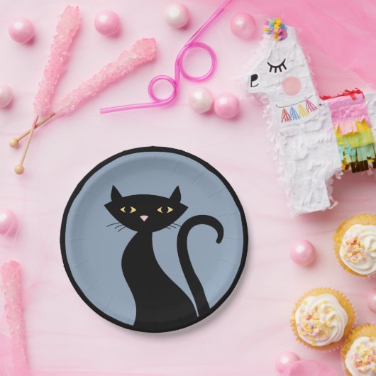 Schwarze Katze auf blau Pappteller (Party)