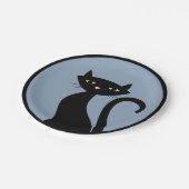 Schwarze Katze auf blau Pappteller (Schrägansicht)