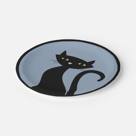 Schwarze Katze auf blau Pappteller (Schrägansicht)