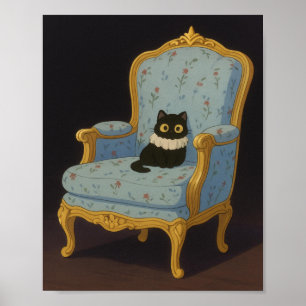 Schwarze Katze auf blauem Blumenarmlehnstuhl Poster