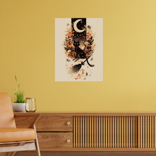 Schwarze Katze auf dem Besen einer Hexe unter dem Poster