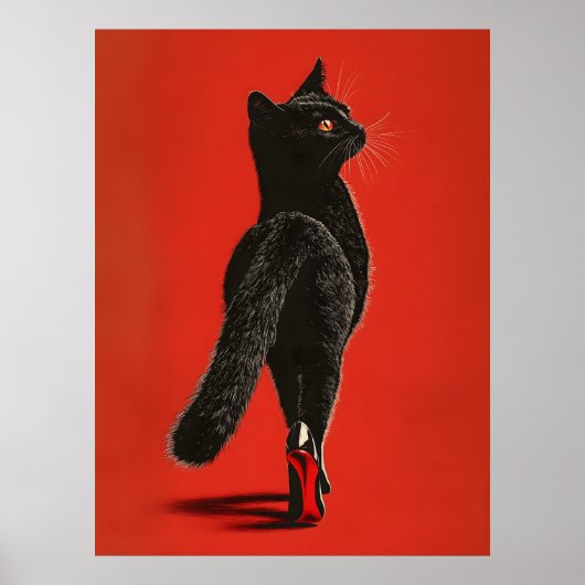 Schwarze Katze auf dem Catwalk – Modeillustration Poster (Vorne)