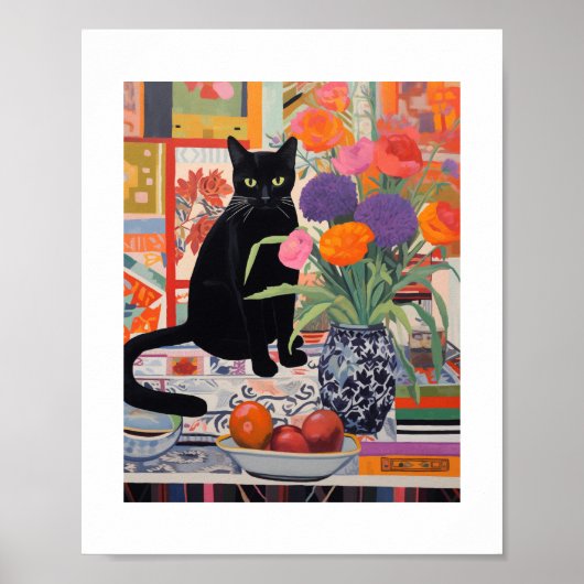 Schwarze Katze auf dem Tisch mit Blume Obst Poster (Vorne)