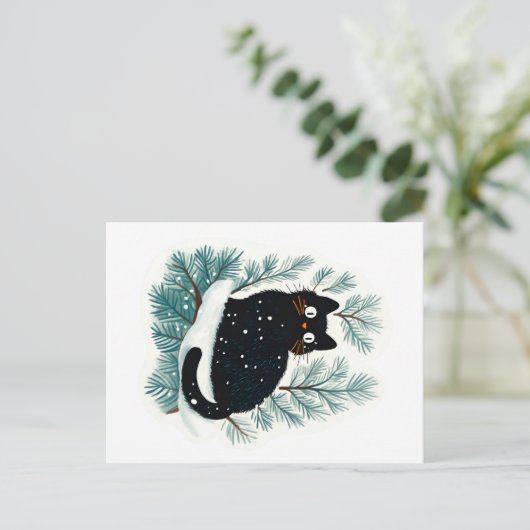 Schwarze Katze auf dem Weihnachtsbaum niedlich Postkarte (Stehend Vorderseite)
