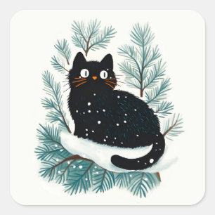 Schwarze Katze auf dem Weihnachtsbaum niedlich Quadratischer Aufkleber