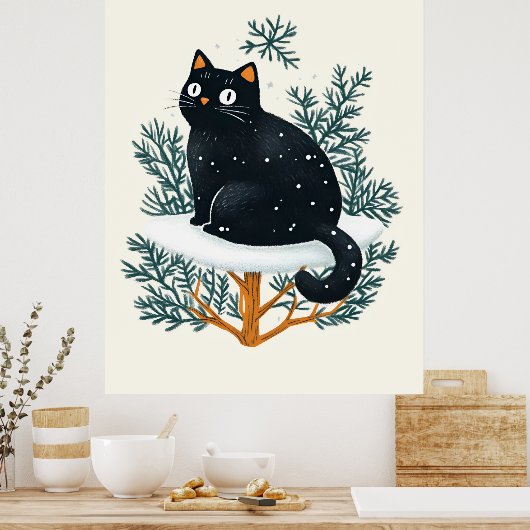 Schwarze Katze auf dem Weihnachtsbaum Poster (Küche)