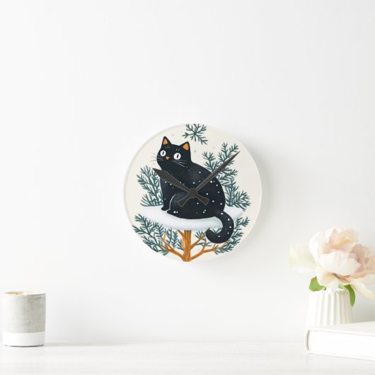Schwarze Katze auf dem Weihnachtsbaum Runde Wanduhr (Zuhause)