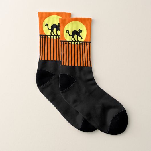 Schwarze Katze auf dem Zaun Moon Orange aufgetrage Socken (Paar)