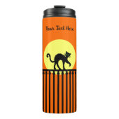 Schwarze Katze auf dem Zaun Moon Orange aufgetrage Thermosbecher (Vorderseite)