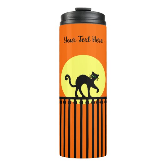 Schwarze Katze auf dem Zaun Moon Orange aufgetrage Thermosbecher (Vorderseite)