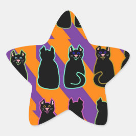 Schwarze Katze auf den orange und lila Streifen Stern-Aufkleber