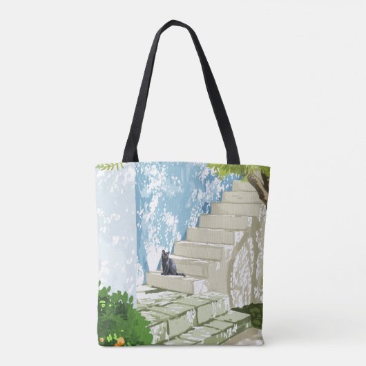 Schwarze Katze auf den Stufen Poster, Griechenland Tasche (Rückseite)