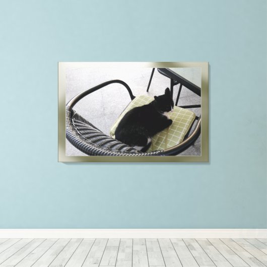 Schwarze Katze auf der Terrasse Leinwanddruck (Insitu (Holzboden))