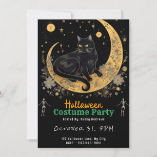 Schwarze Katze auf einem Halbmond, schwarzes Hallo Einladung