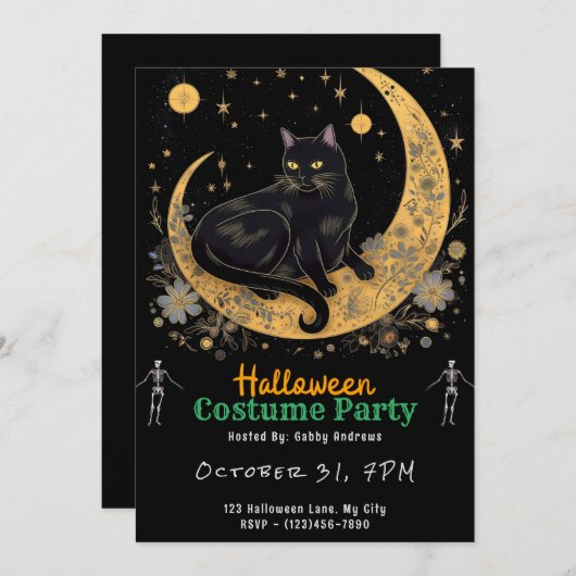 Schwarze Katze auf einem Halbmond, schwarzes Hallo Einladung (Vorne/Hinten)