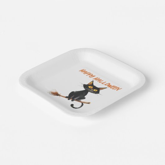 Schwarze Katze auf einem Hexenglühenden glückliche Pappteller (Gewinkelt)