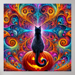 Schwarze Katze auf einem Kürbis Poster