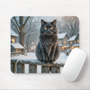 Schwarze Katze auf einem schneebedeckten Zaun Mousepad