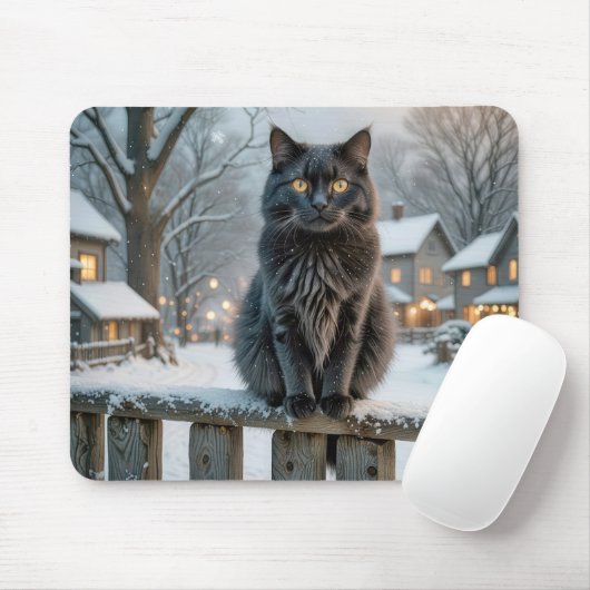 Schwarze Katze auf einem schneebedeckten Zaun Mousepad (Mit Mouse)