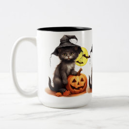 Schwarze Katze auf einem Wagen Zweifarbige Tasse
