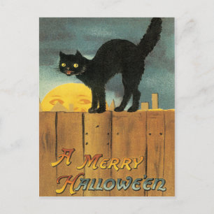 Schwarze Katze auf einem Zaun Vintage-Postkarte Postkarte