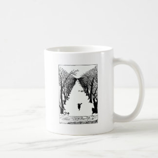 Schwarze Katze auf einer einsamen Hintergrafik Kaffeetasse