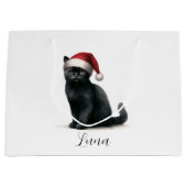 Schwarze Katze auf festlichem Weihnachtsmannmütze Große Geschenktüte (Vorderseite)