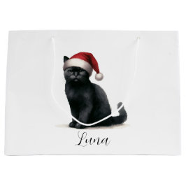 Schwarze Katze auf festlichem Weihnachtsmannmütze  Große Geschenktüte