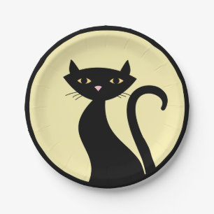 Schwarze Katze auf Gelb Pappteller