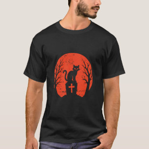 Schwarze Katze auf Grabstein Halloween T-Shirt