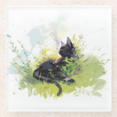Schwarze Katze auf Gras-Glas-Untersetzer Glasuntersetzer (Vorderseite)