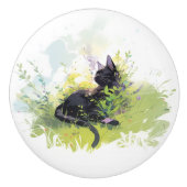 Schwarze Katze auf Gras Keramik Pull Keramikknauf (Vorderseite)