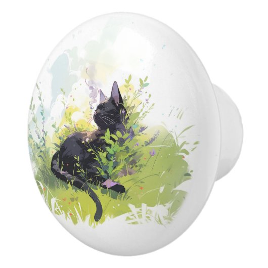 Schwarze Katze auf Gras Keramik Pull Keramikknauf (Rechts)