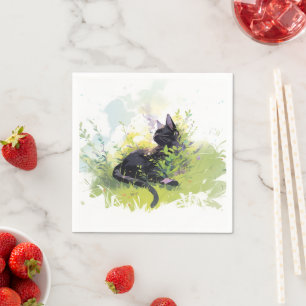 Schwarze Katze auf Graspapier Napkins Serviette